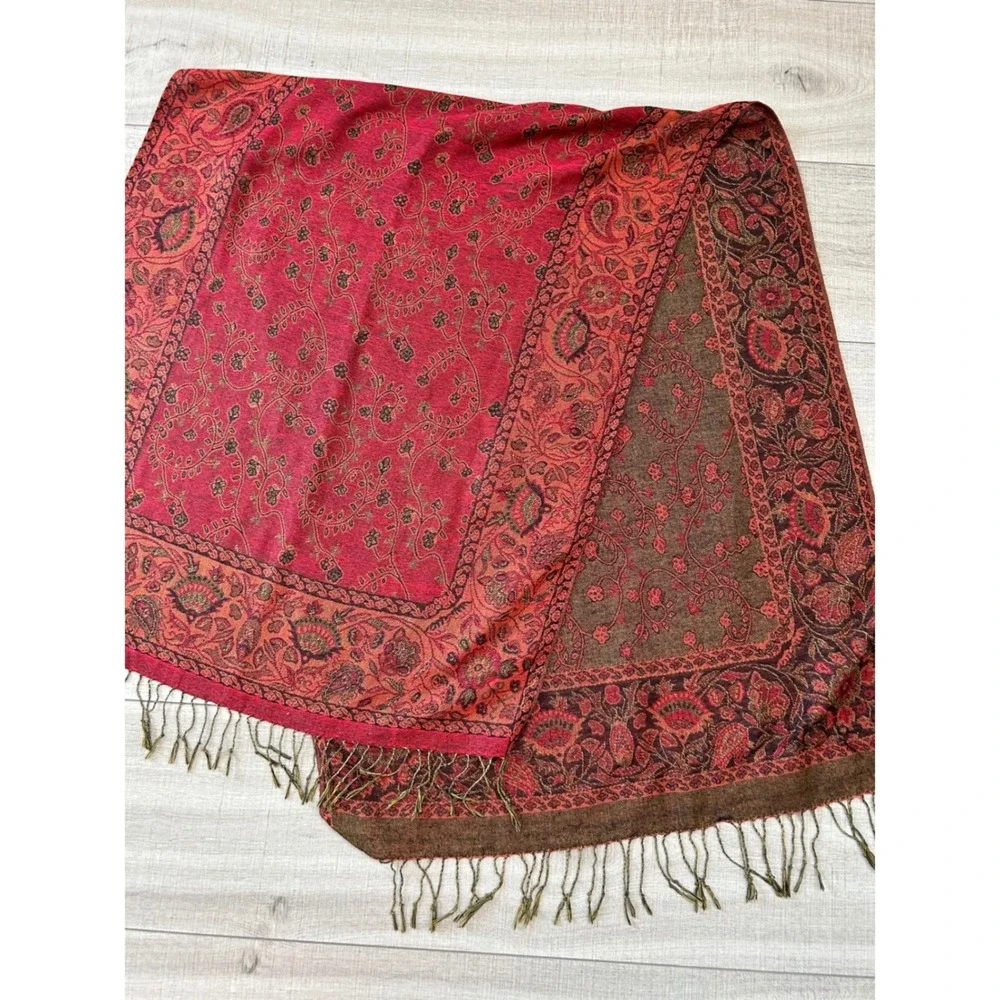 Red Brown Paisley Pashmina Shawl Reversible Fringe Wrap Scarf Bohemian Floral
